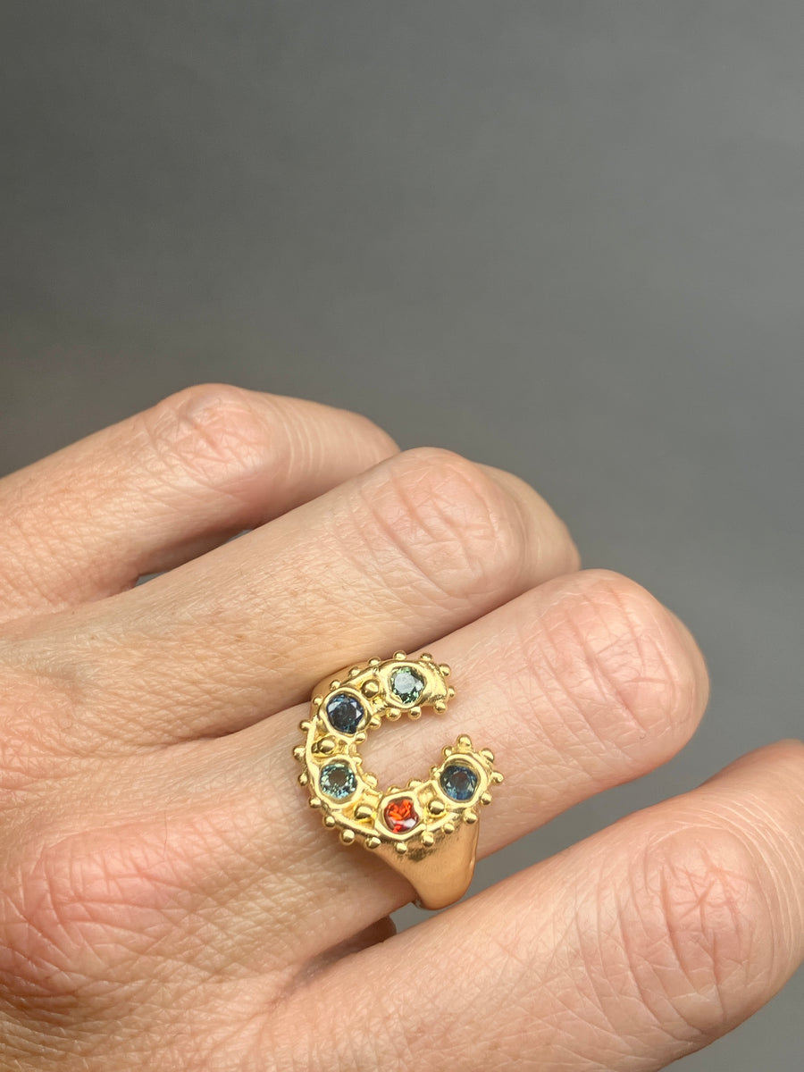 Horseshoe Ring - Kingfisher Teal and orange/red sapphires