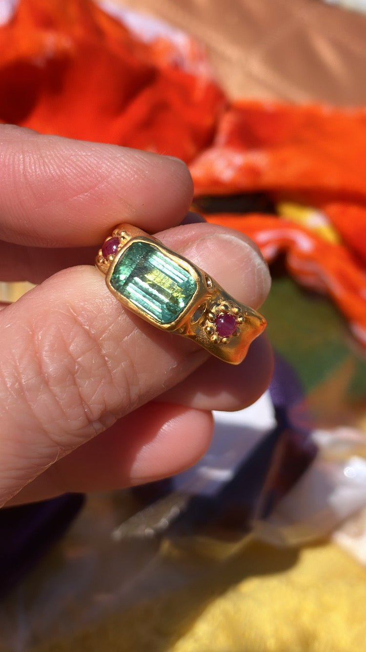 #1 Caribbean green Tourmaline, 2 ruby sapphire cabs