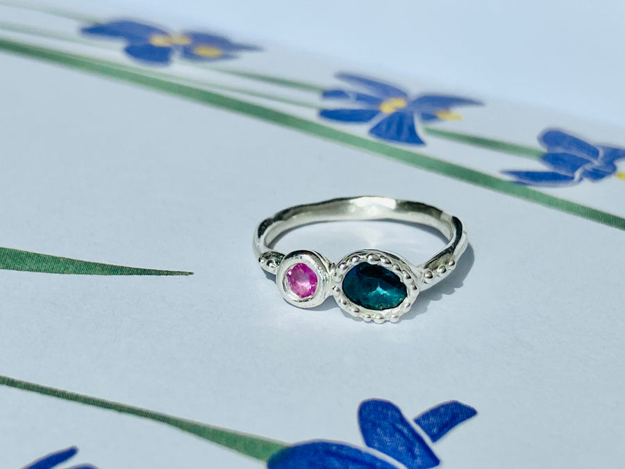 Deep Teal and Pink Sapphire Toi et Moi ring