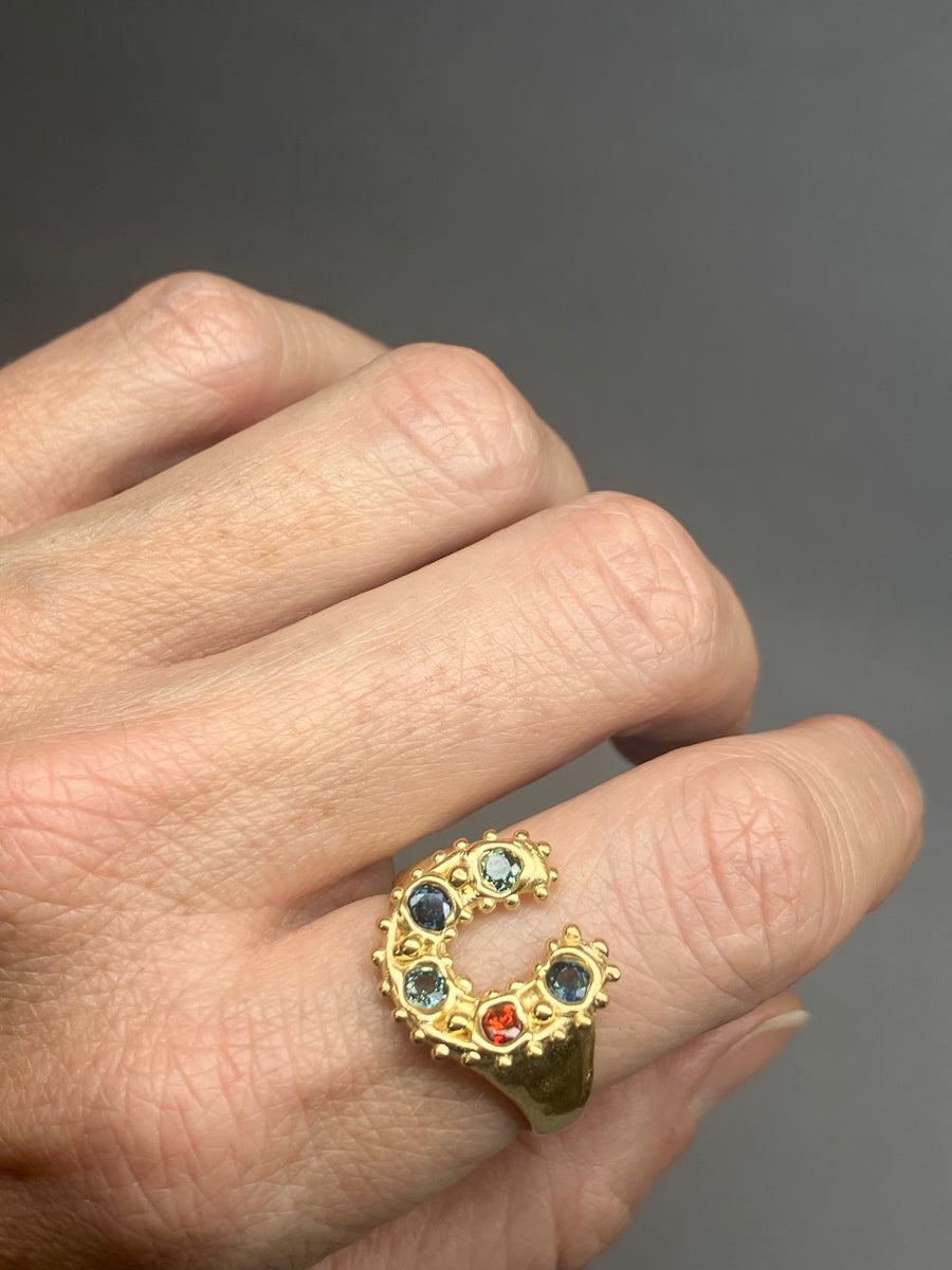 Horseshoe Ring - Kingfisher Teal and orange/red sapphires