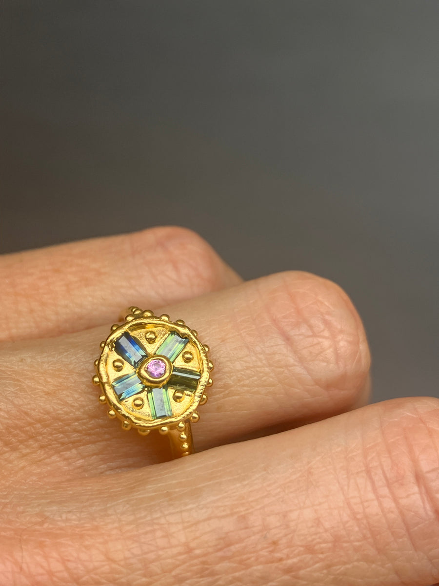 Australian baguettes and pink sapphire Bloom Ring