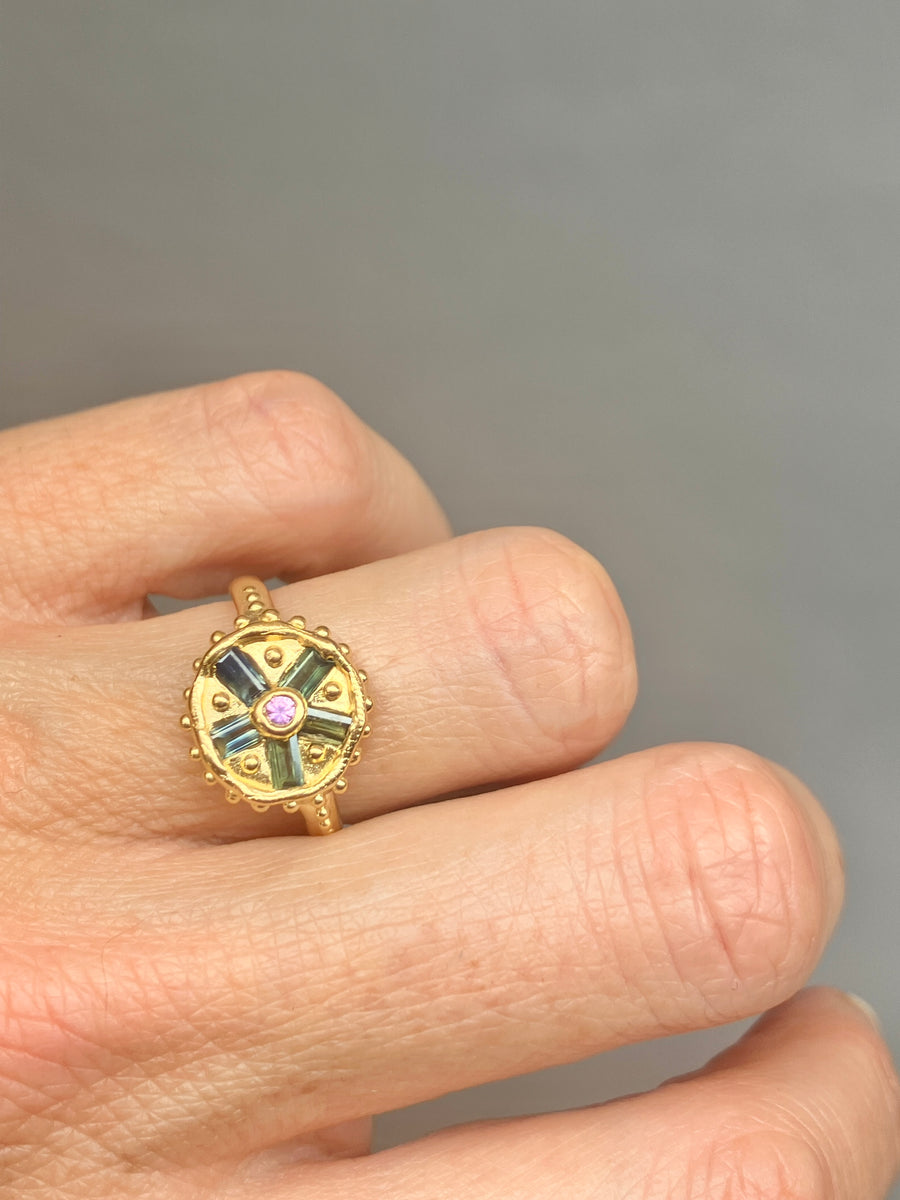 Australian baguettes and pink sapphire Bloom Ring