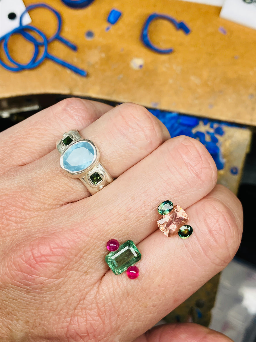 Aquamarine and green baguette sapphires