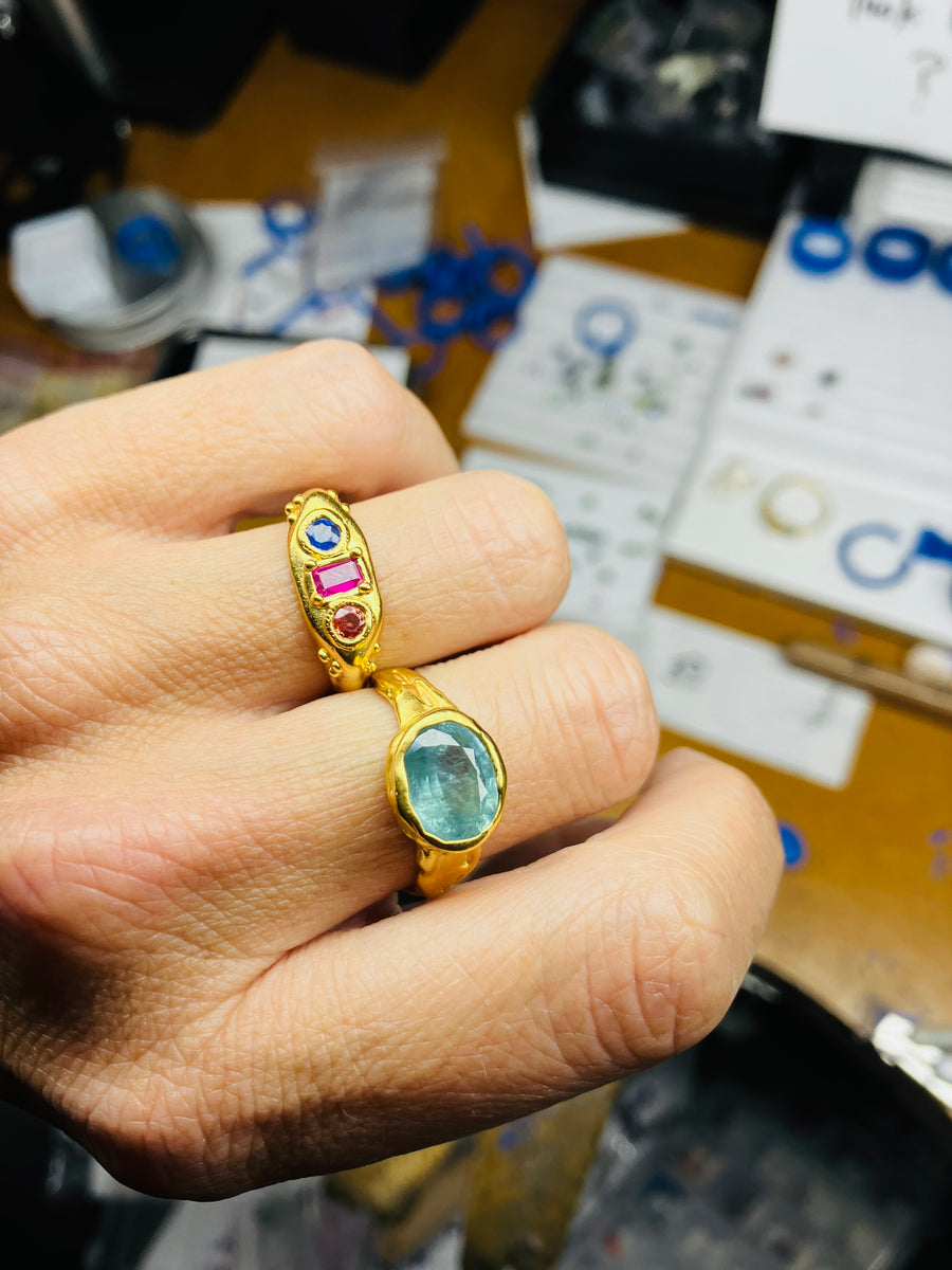 Orange Pink & Blue sapphire Flint stone ring