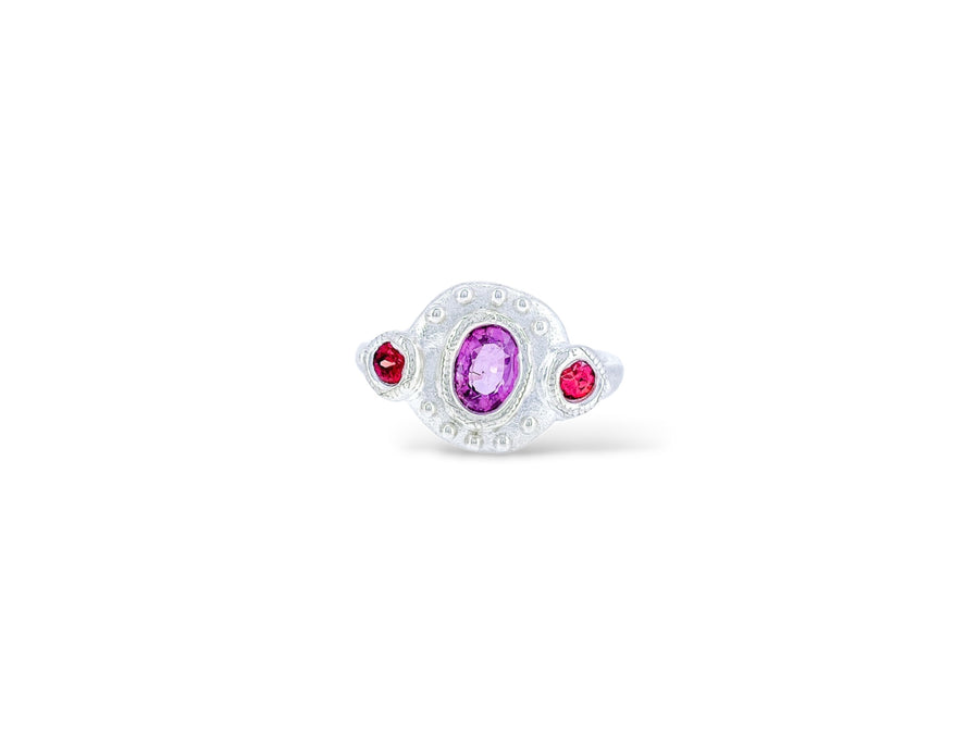 Large pink oval sapphire and red Bloom Ring