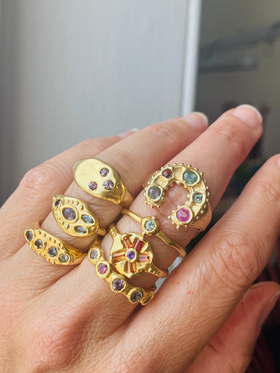 Orange and purple baguette sapphire Bloom Ring