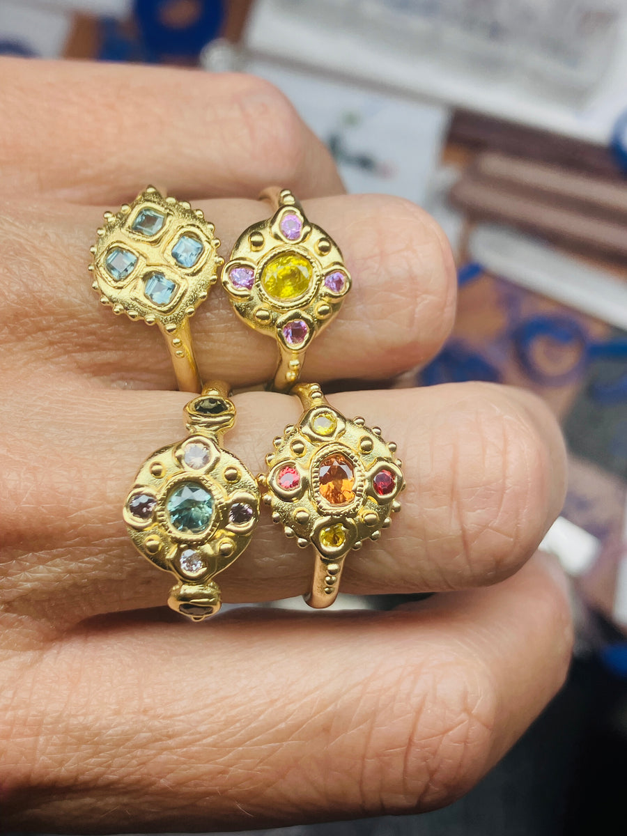 Sapphire Bloom Ring - Teal, Champagne and black