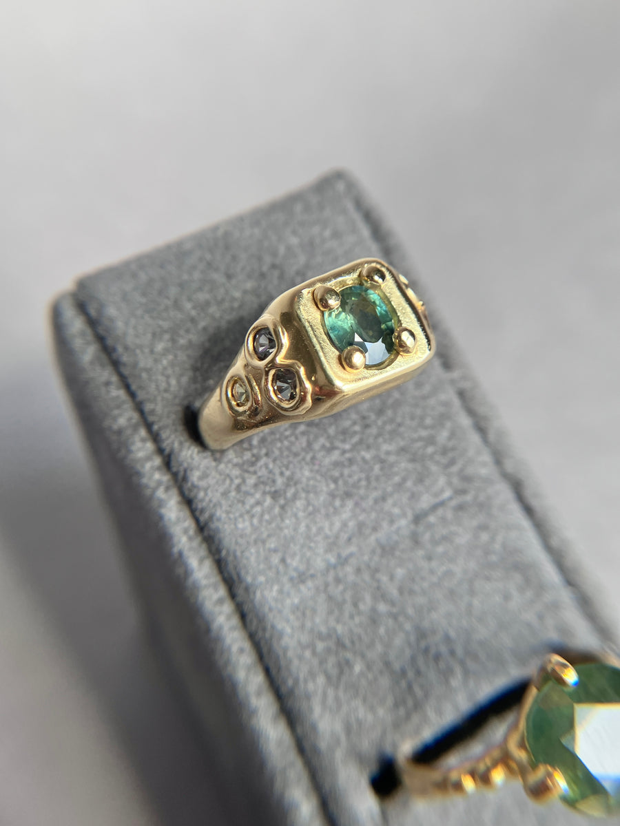 Square signet Ring - green sapphires
