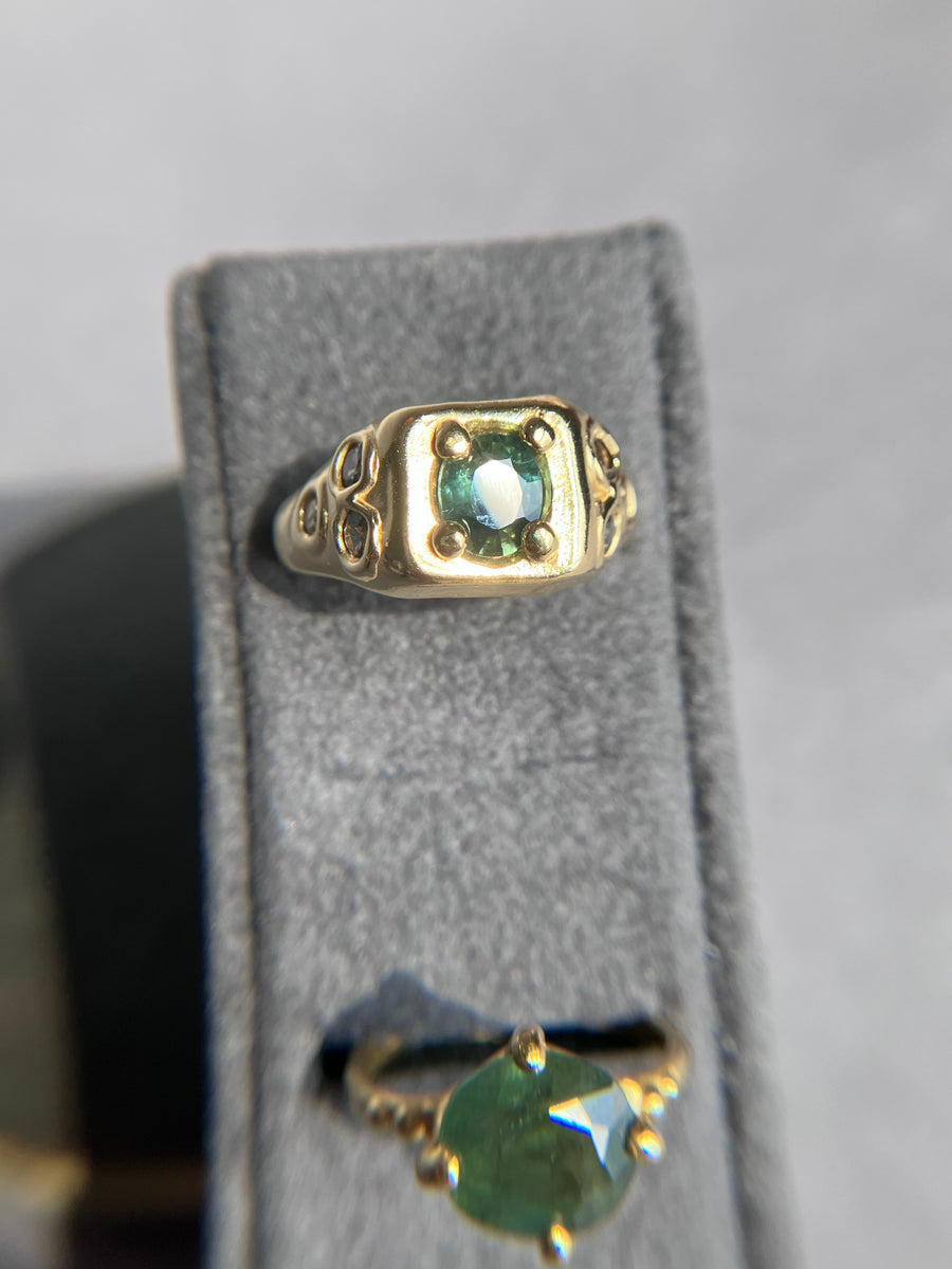 Square signet Ring - green sapphires