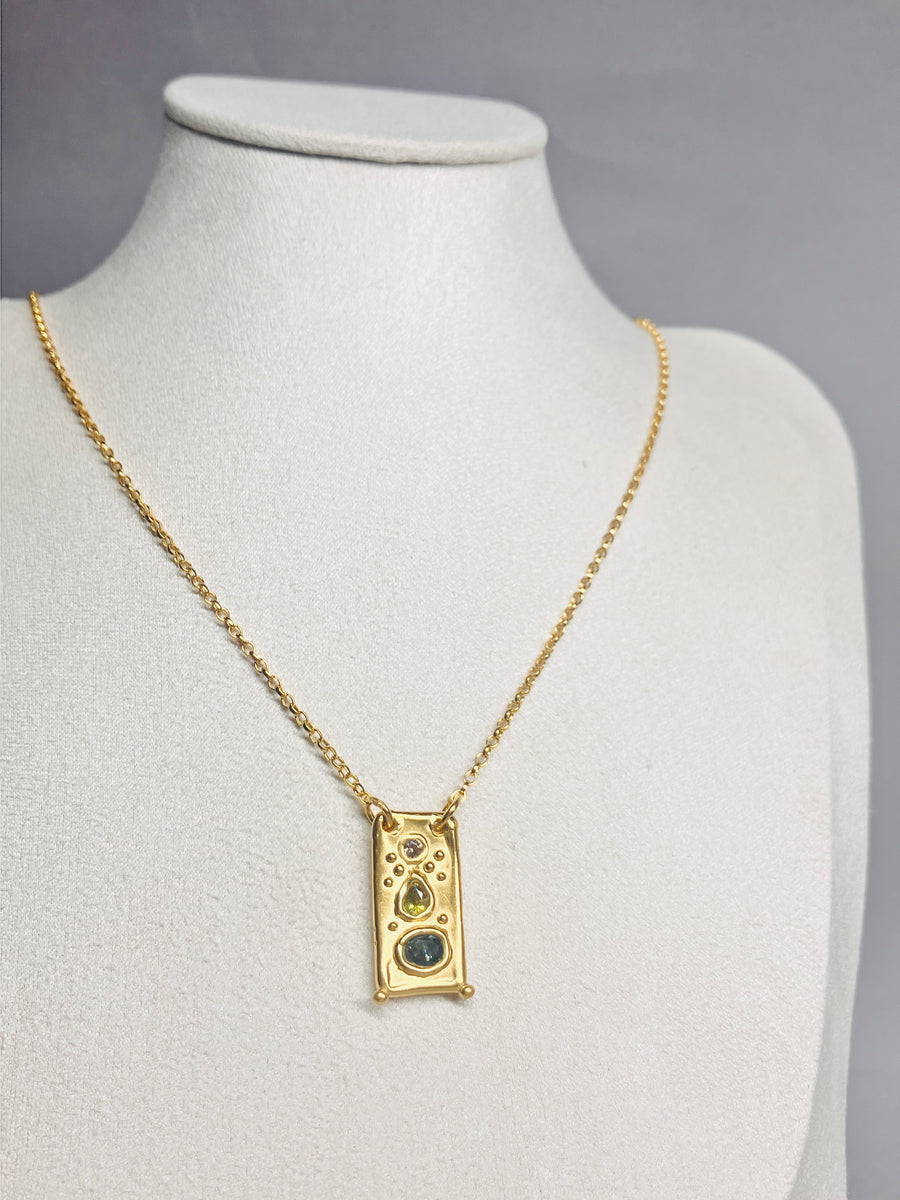Long tablet pendant - Blue, green, and pink sapphires