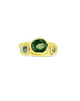 Deep dark clear Green Tourmaline Melt ring w/ pale blue sapphires