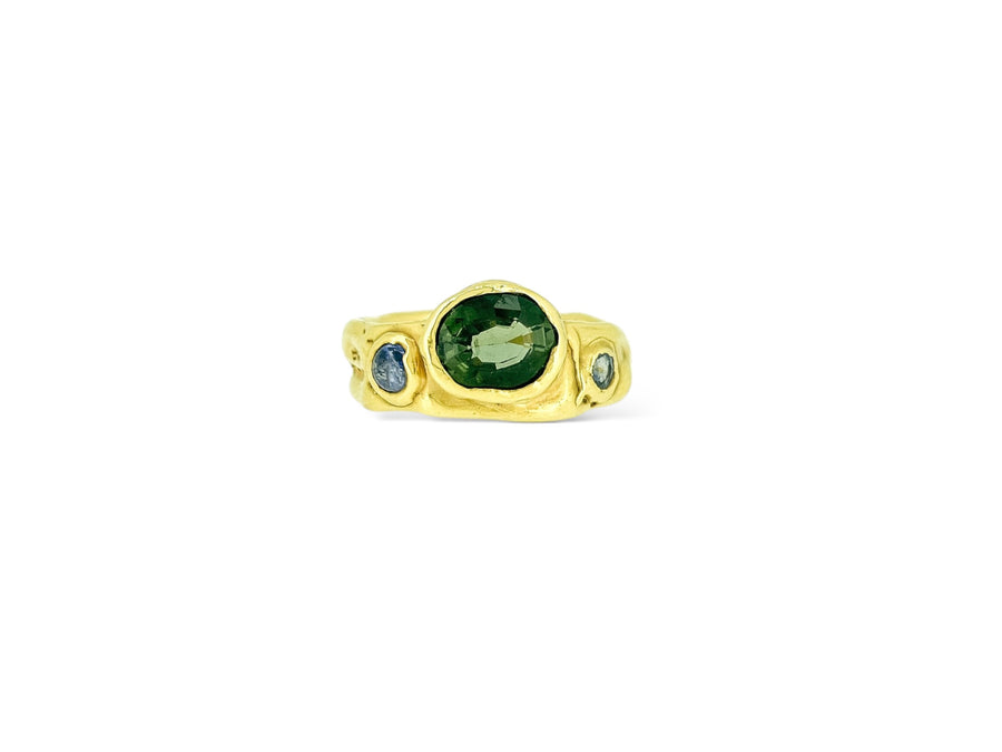 Deep dark clear Green Tourmaline Melt ring w/ pale blue sapphires