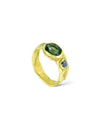 Deep dark clear Green Tourmaline Melt ring w/ pale blue sapphires