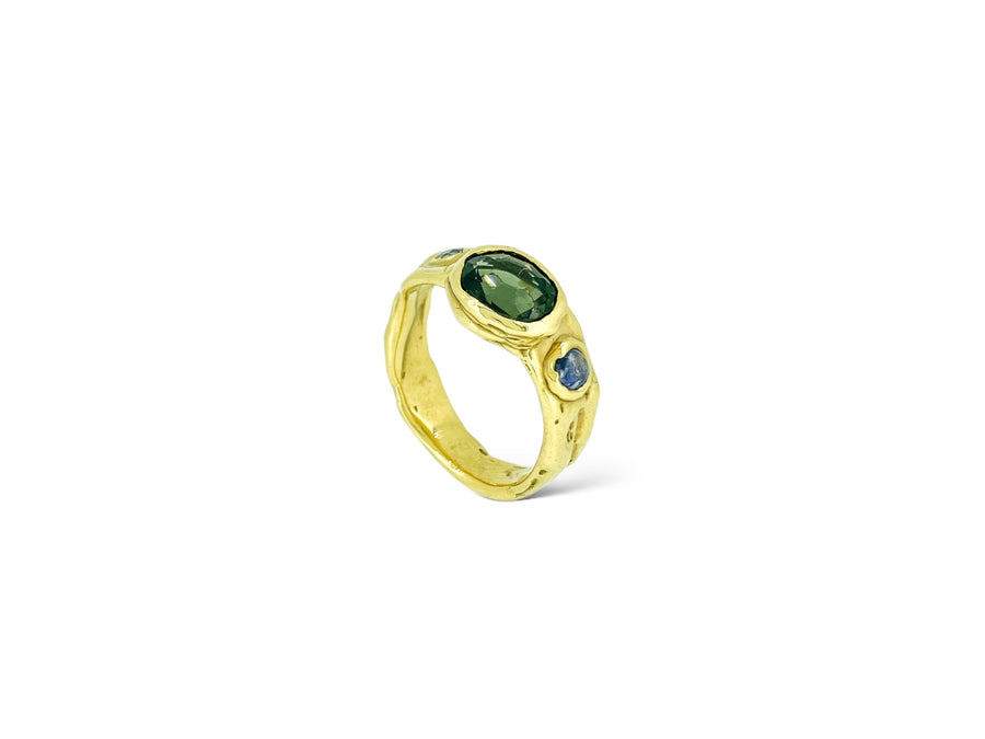 Deep dark clear Green Tourmaline Melt ring w/ pale blue sapphires