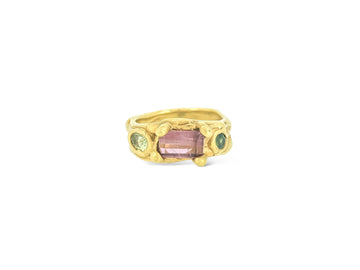 Dusky Pink Tourmaline and green Sapphires Melt ring