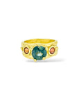 Radiant teal and orange sapphire ring