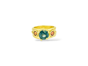 Radiant teal and orange sapphire ring