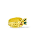 Radiant teal and orange sapphire ring