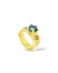 Radiant teal and orange sapphire ring