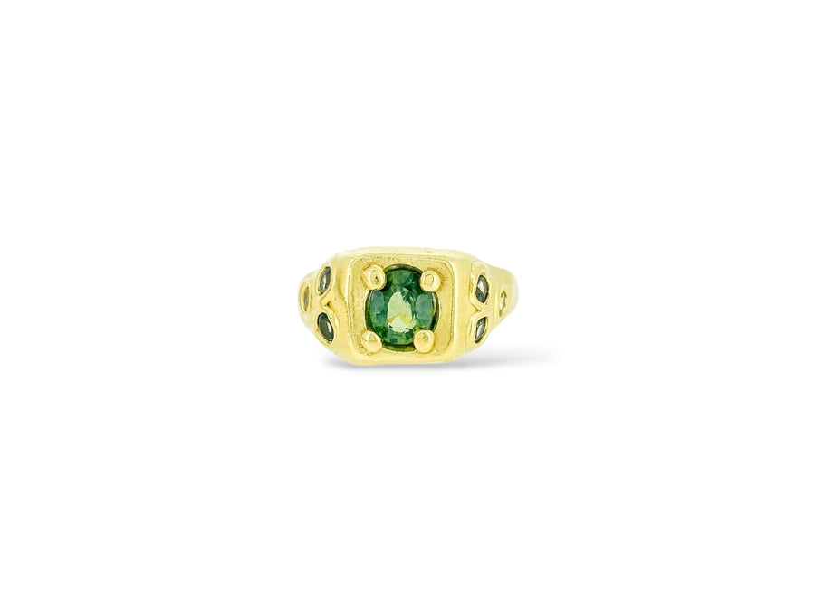 Square signet Ring - green sapphires
